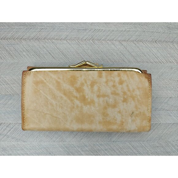 Vintage Crown Checkbook Wallet Beige Tan Cowhide Leather Kisslock Coin Pouch - Picture 6 of 10